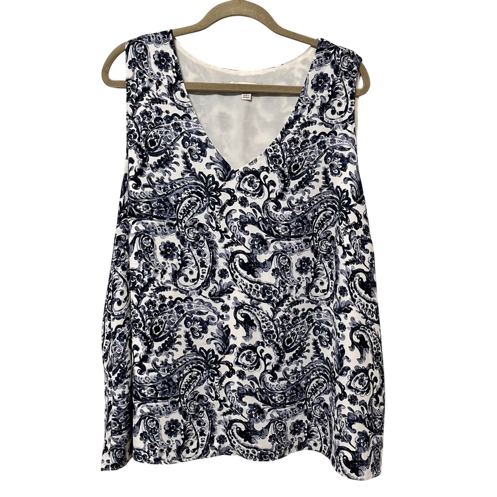 Cato Womens Plus Size 22/24W Navy Blue White Paisley V-Neck Sleeveless‎ Blouse